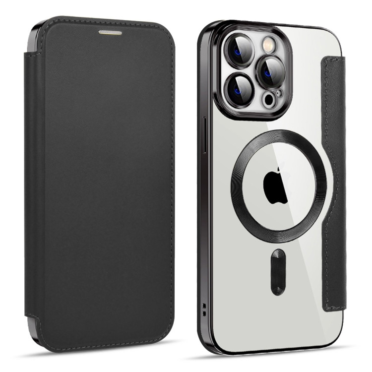 Чехол книжка для iPhone 15 Pro Max MagSafe RFID с прозрачной панелью и разъемами под карточки (Black)