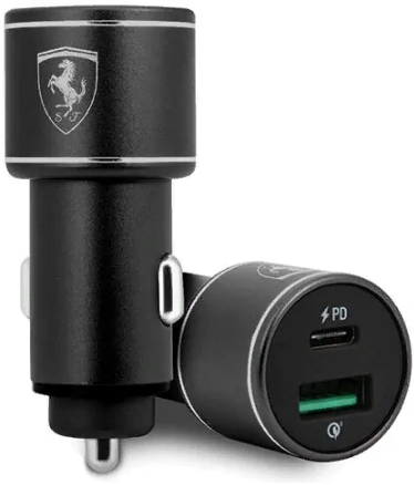 Автомобильное зарядное устройство Ferrari Dual port 36W (USB-C PD18, USB QC 3.0 18W) Aluminium Black (FEOCCALBK)